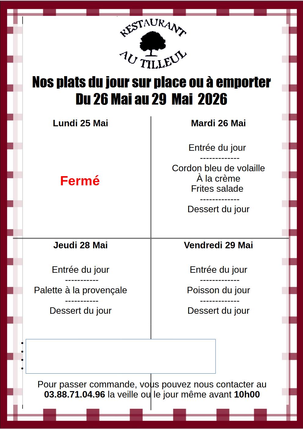 Menus du 26 au 29 Mai 2026