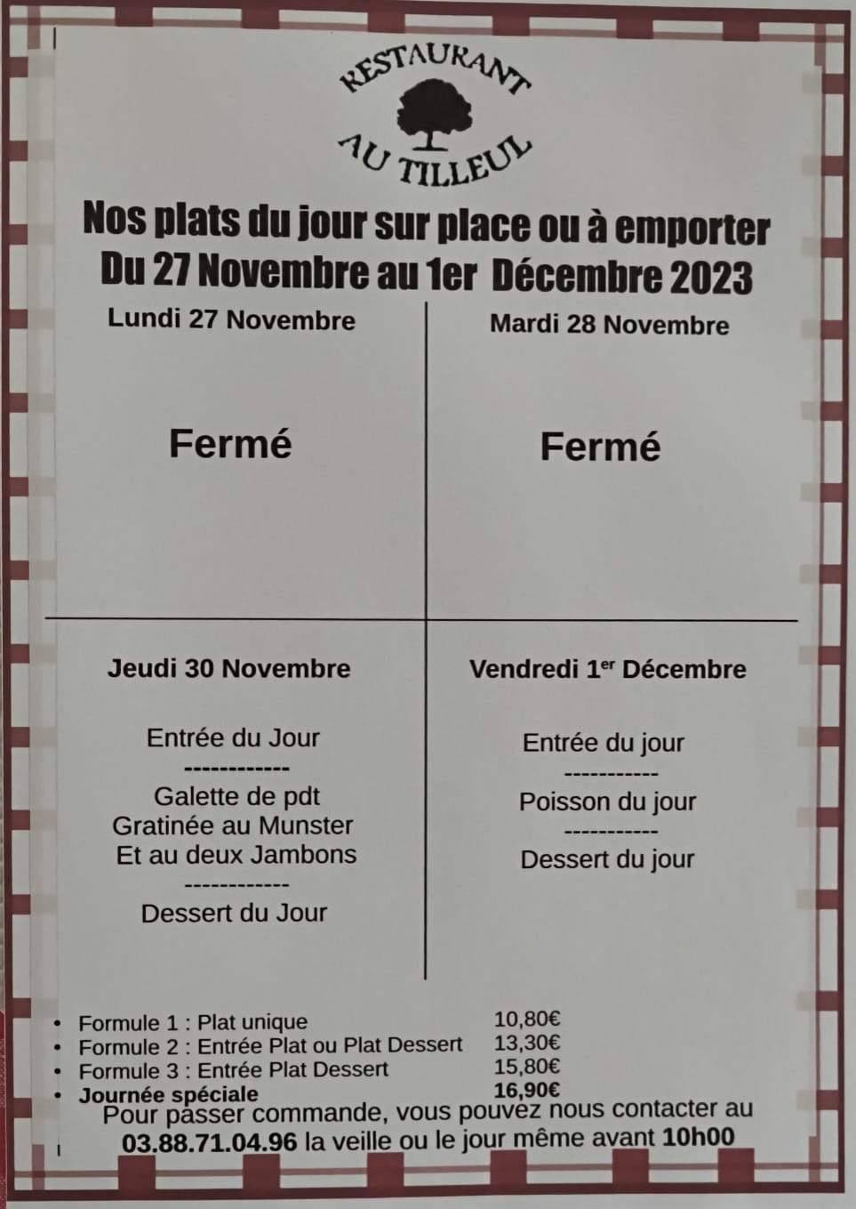 Menus du 27 au 1er Décembre 2023