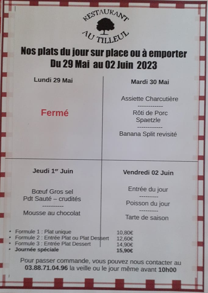 Menus du 29 mai au 2 juin 2023