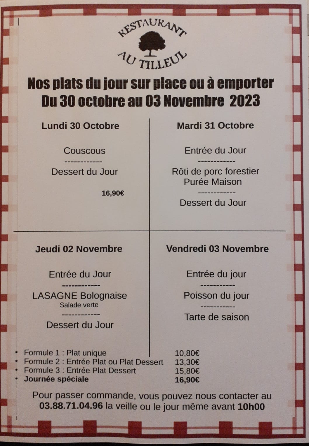 Menus du 30 octobre au 3 novembre 2023