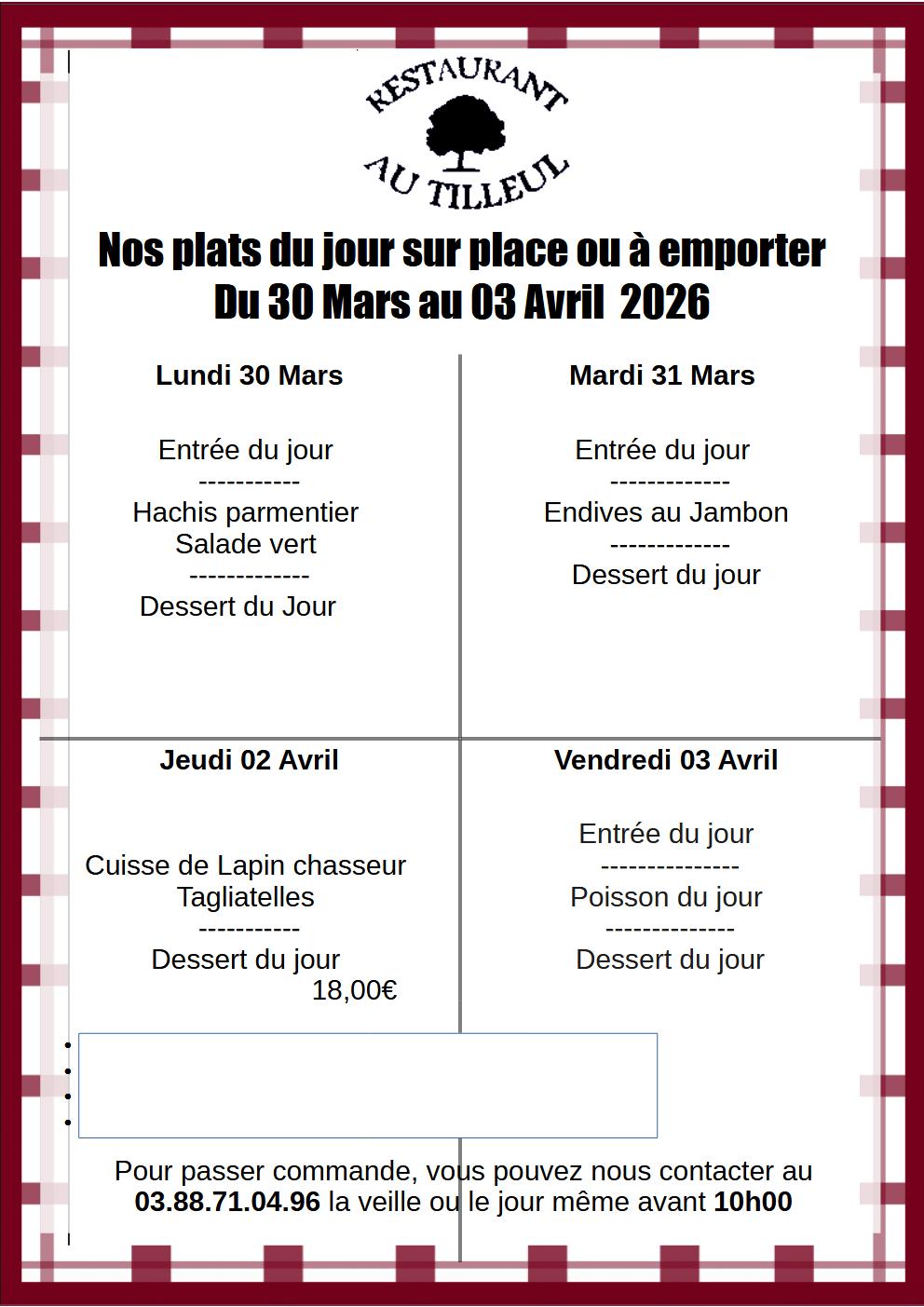 Menus du 30 Mars au 3 Avril 2026