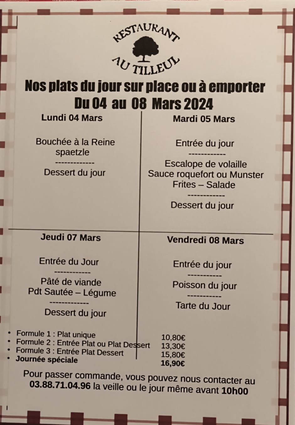 Menus du 4 au 8 mars 2024