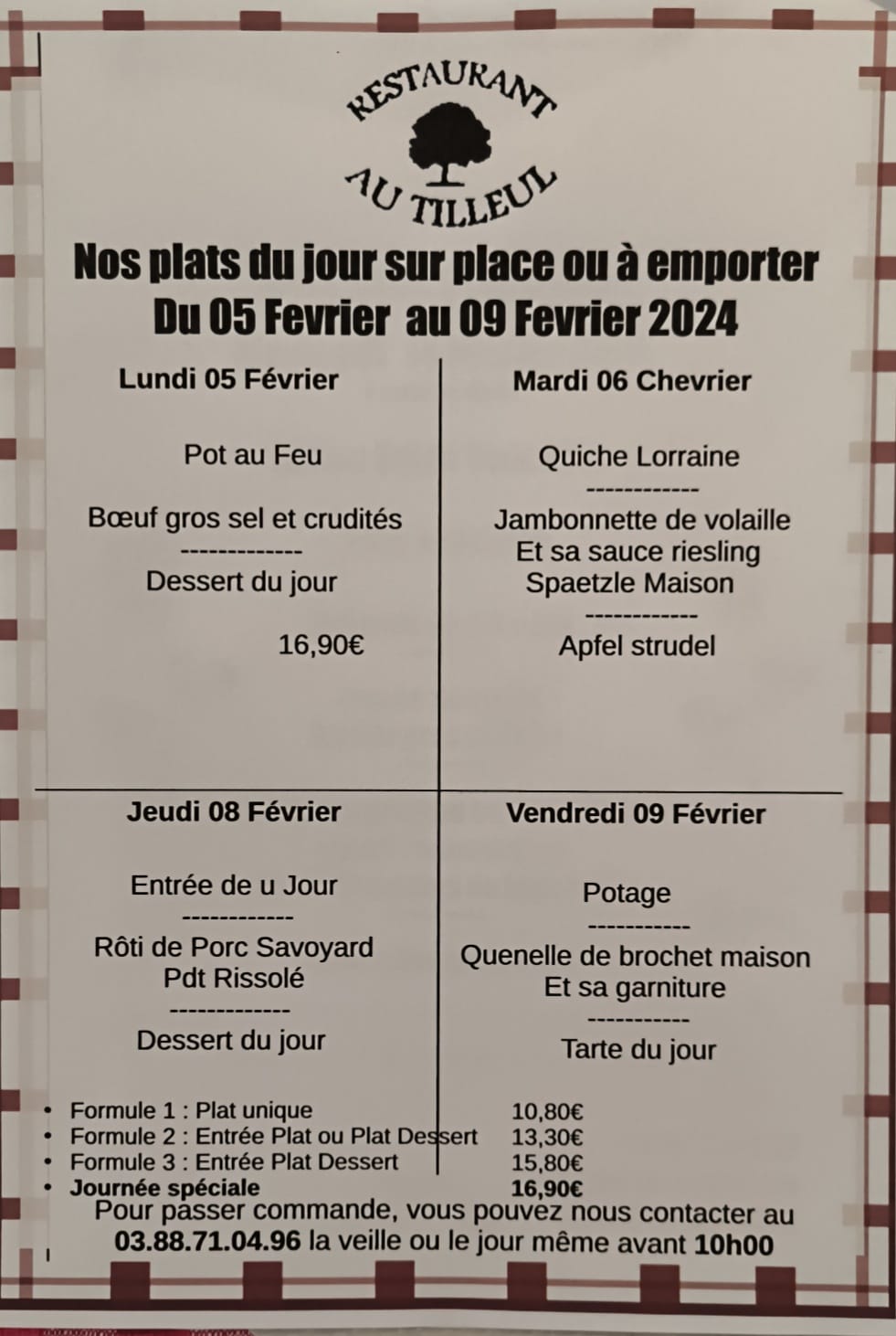 Menus du 5 au 9 février 2024