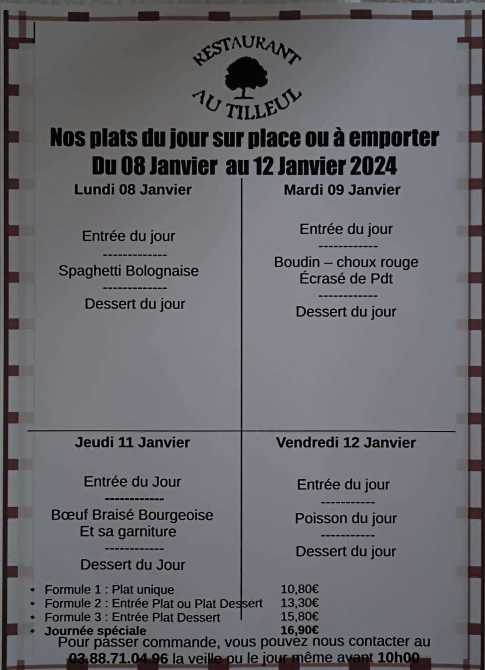 Menus du 8 au 12 Janvier 2024