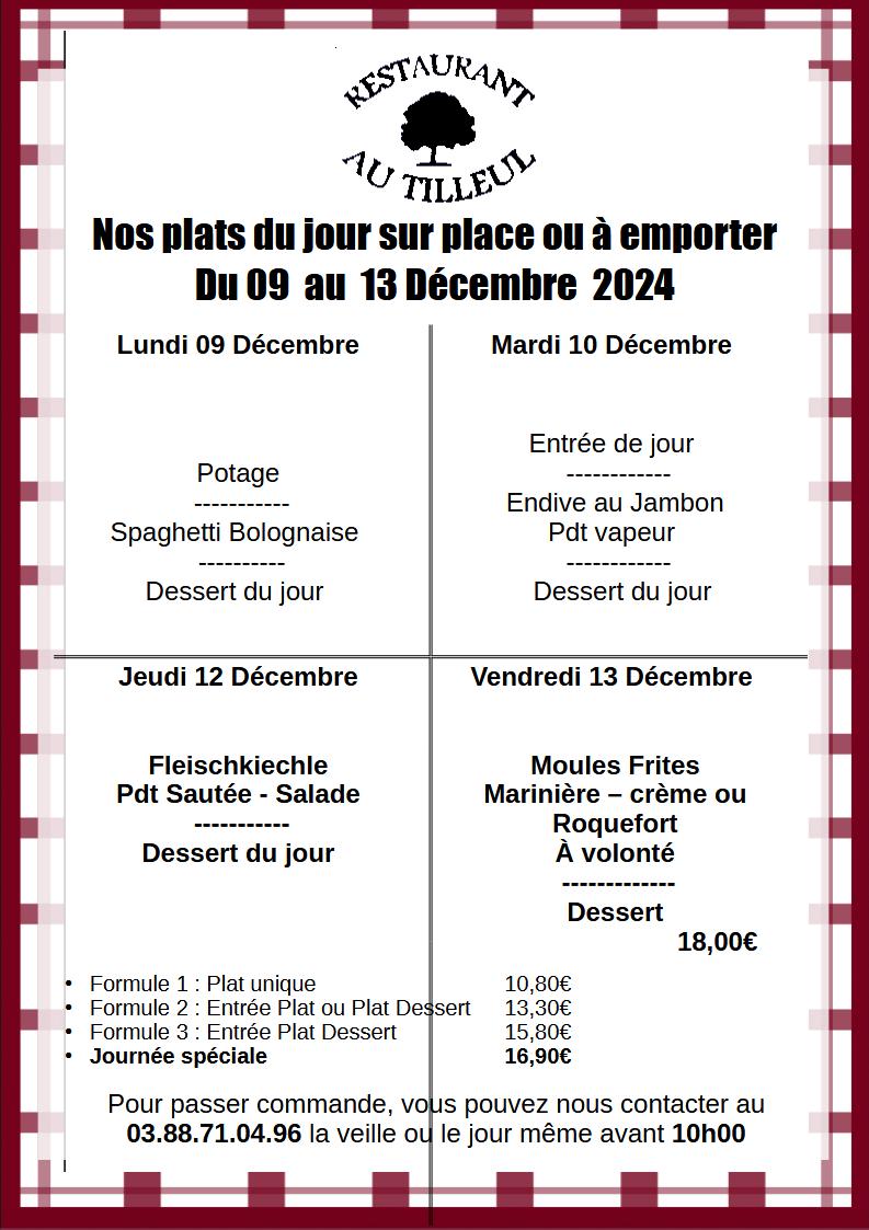 Menus du 09 au 13 décembre 2024