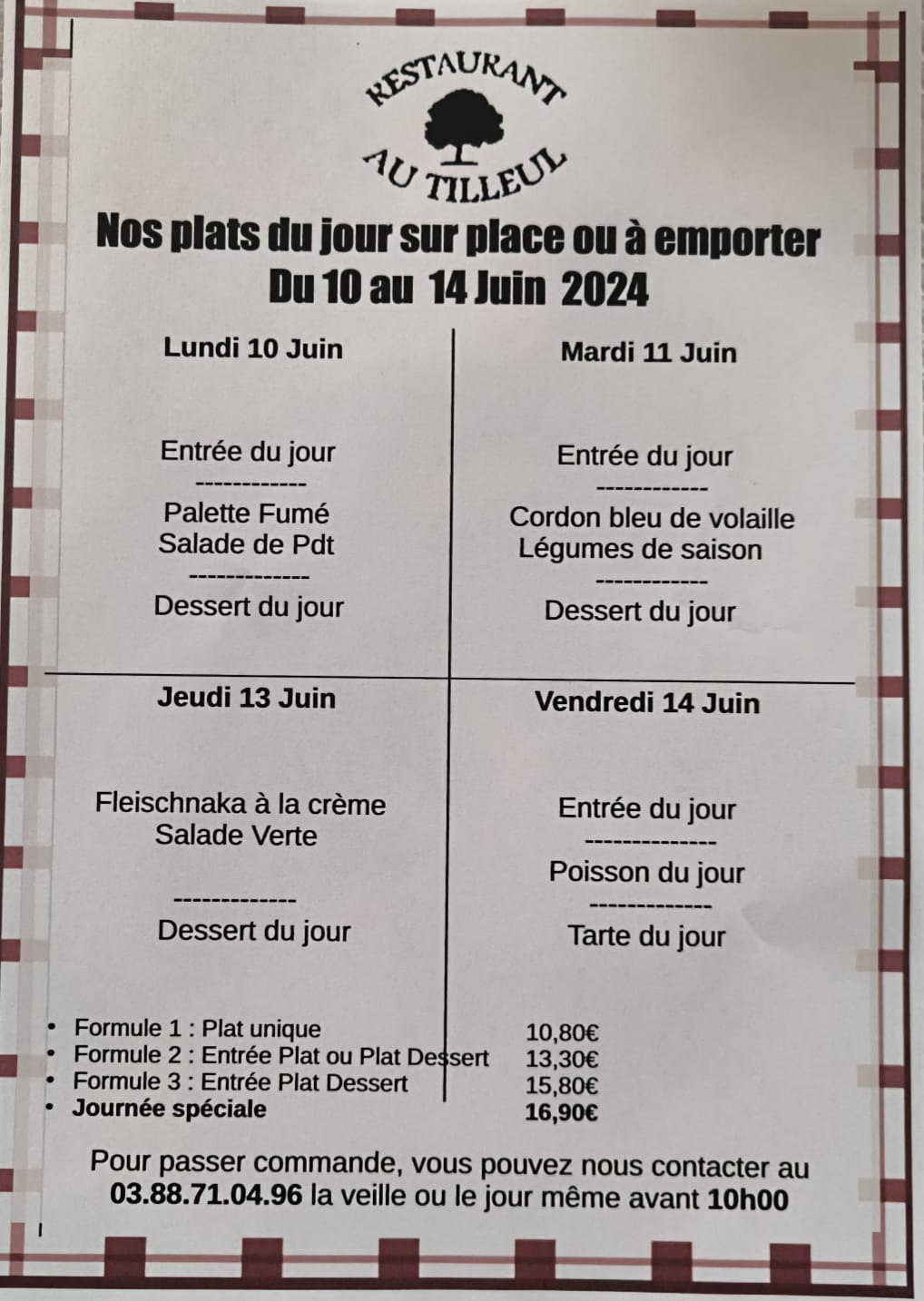 Menus du 10 au 14 juin 2024