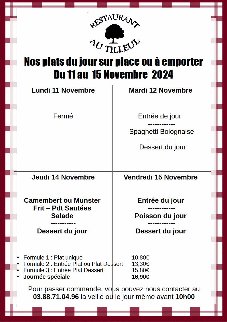Menus du 11 au 15 Novembre 2024