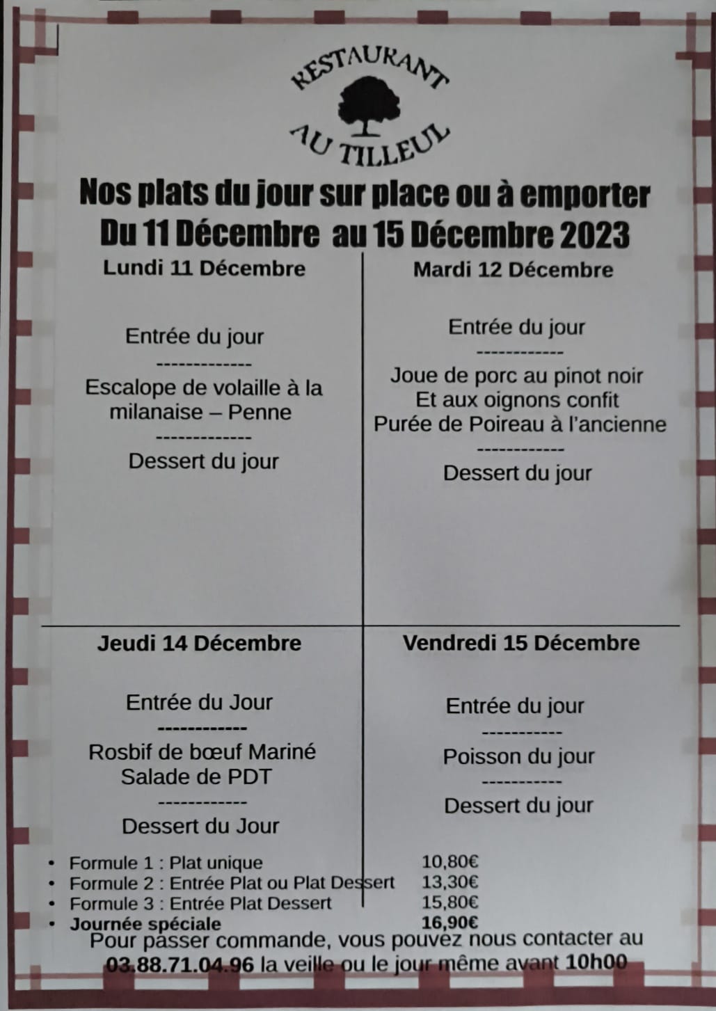 Menus du 11 au 15 Décembre 2023