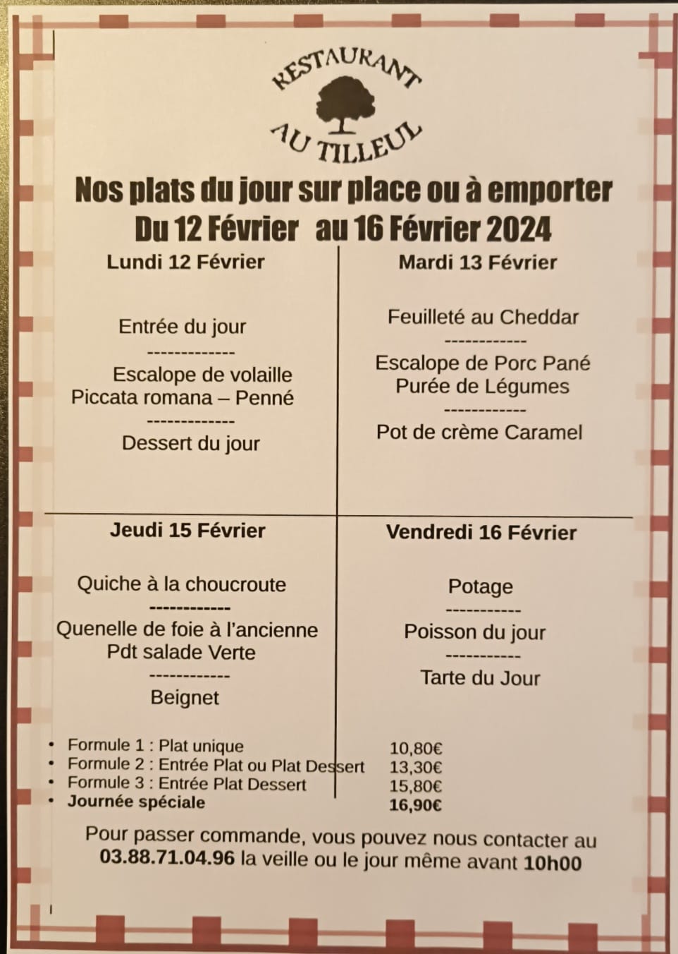 Menus du 12 au 16 Février 2024