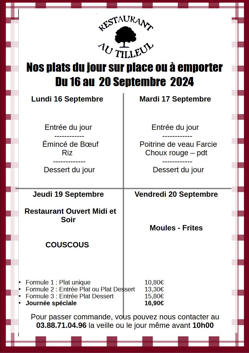 Menus du 16 au 20 Septembre 2024
