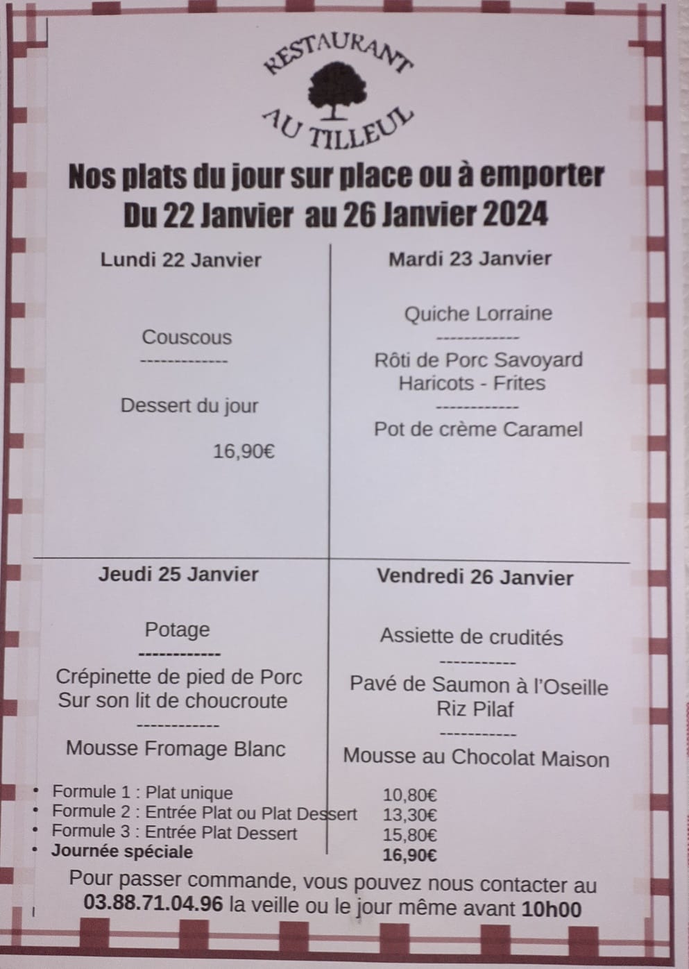 Menus du 22 au 26 janvier 2024