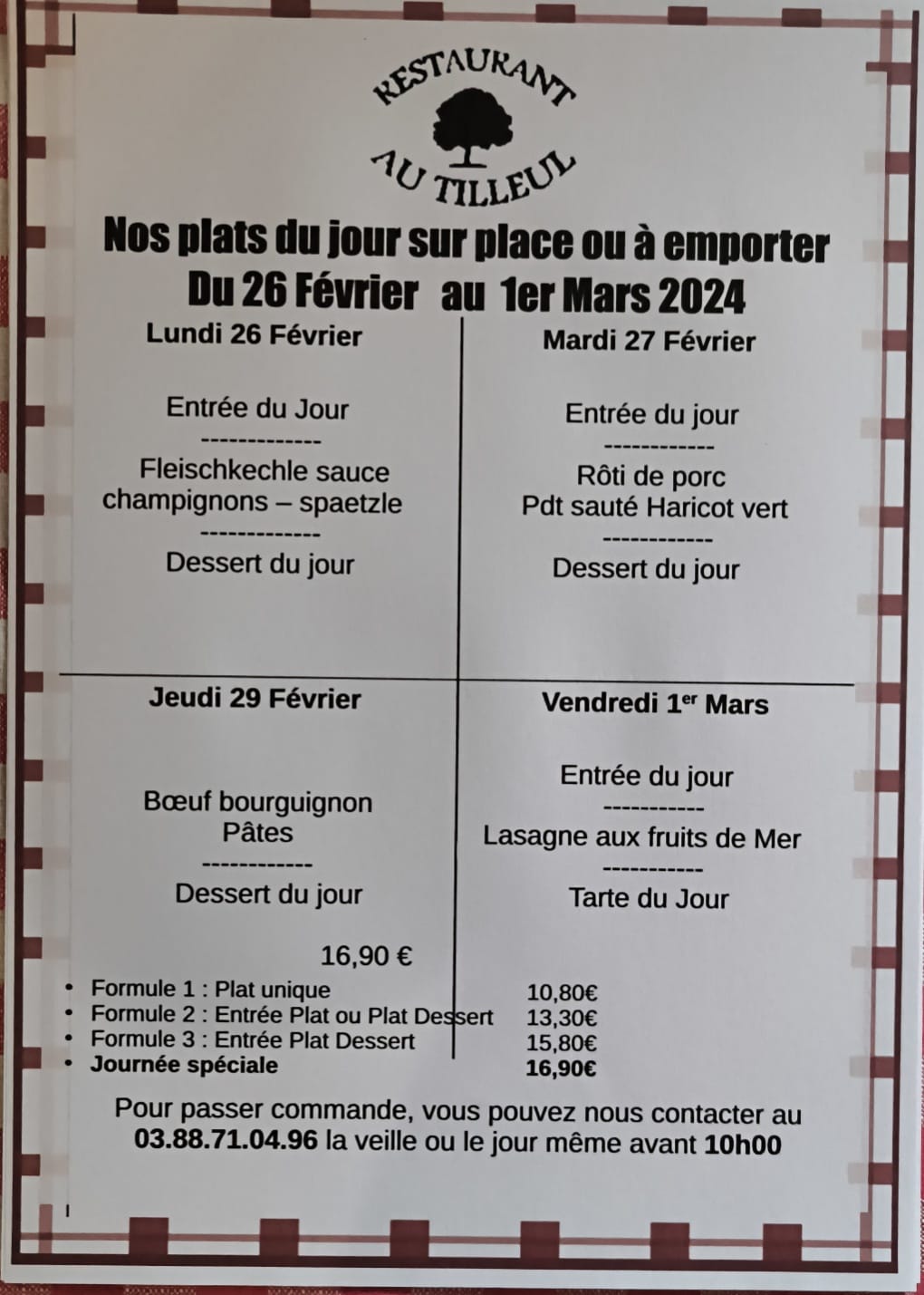 Menus du 26 février au 1er mars 2024