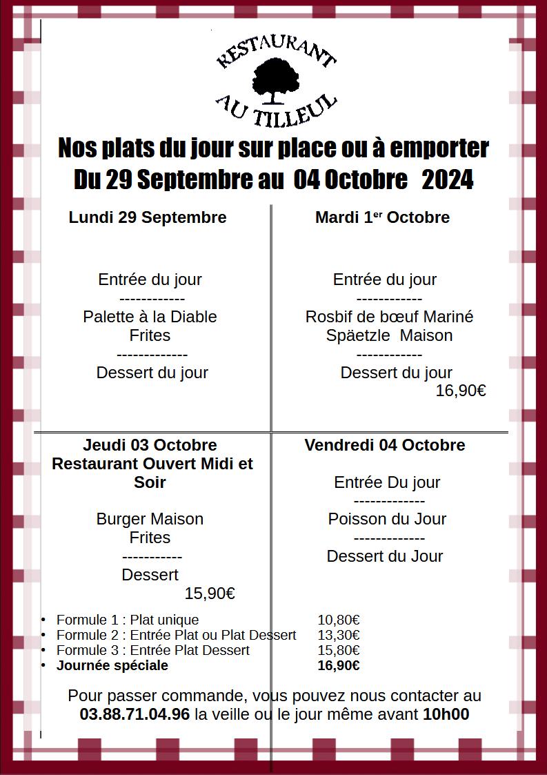 Menus du 29 Septembre au 4 octobre 2024